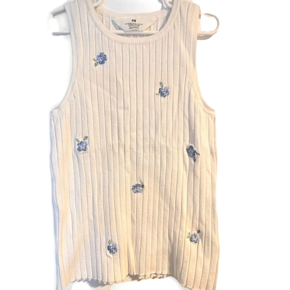 H&M Ribbed Top  White Top Floral‎ top Knitted Girls 16-18yo